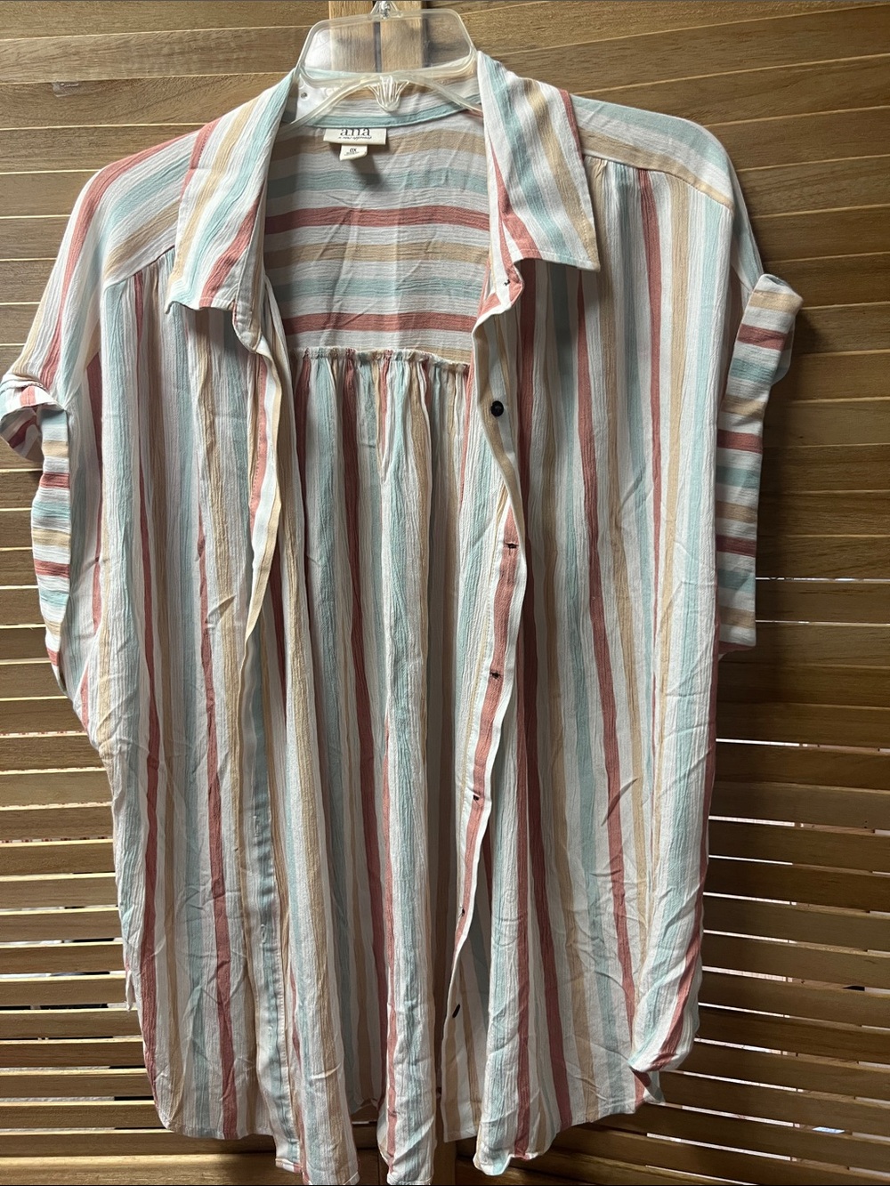 a.n.a Striped Button-Front Roll-Sleeve Blouse in Cream, Coral & Light Blue